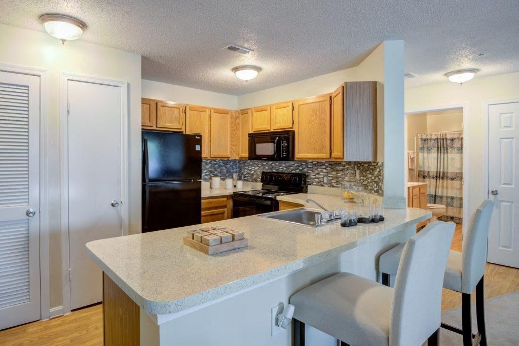 a kitchen with a counter top