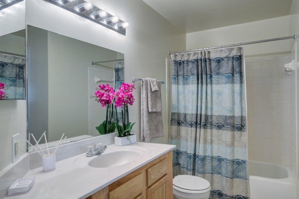 a bathroom with a sink and a shower and a toilet