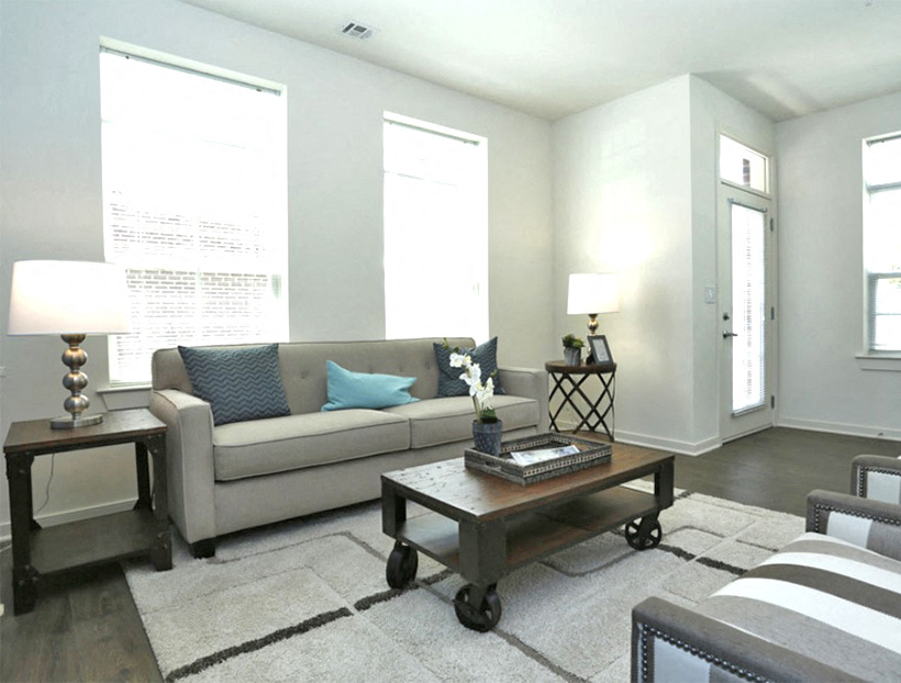 a living room with a couch and a coffee table