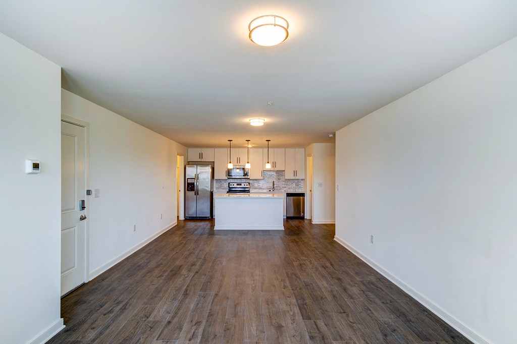 a spacious living room with a kitchen and wood flooring