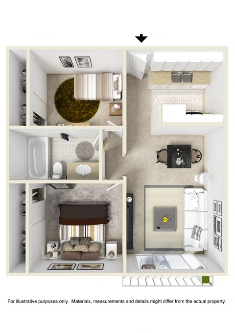 Two Bedroom One Bath Floor Plan at Clair Del and Clair Del Gardens, Long Beach, CA