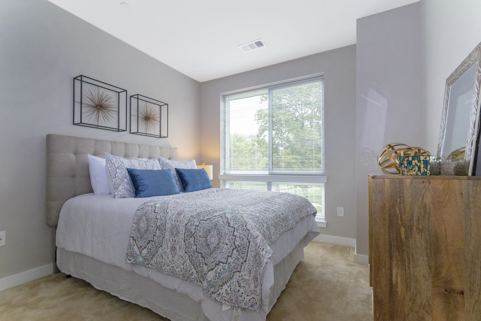 A bedroom with a large window, plush carpet flooring, and ample natural lighting. at Keva Flats, Pennsylvania
