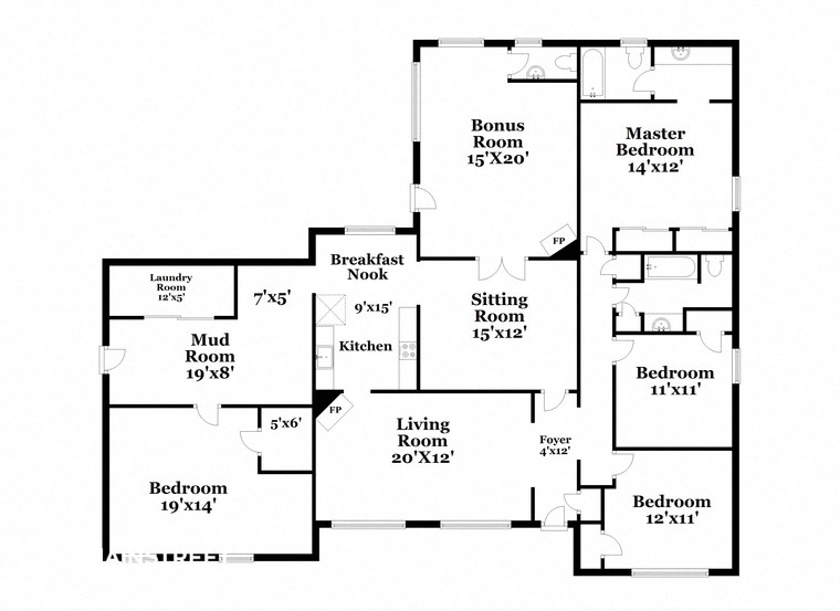 floor plan of the first floor of a house with bedrooms and baths