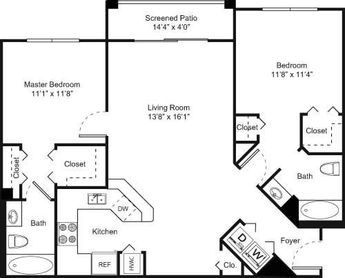 2B 2 Bed 2 Bath Floor Plan