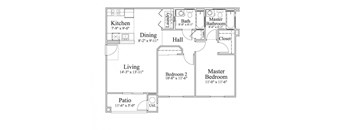 2 Bedroom 2 Bath Floor Plan, 1,016 square feet with patio