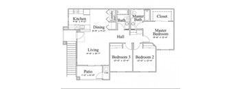 3 Bedroom 2 Bath Floor Plan, 1,181 square feet with patio