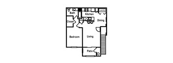1 Bedroom 1 Bath floor plan, 725 square feet with patio