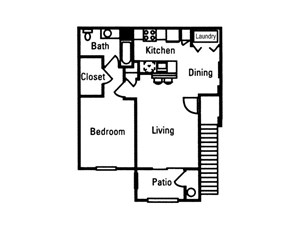 1 Bedroom 1 Bath floor plan, 725 square feet with patio