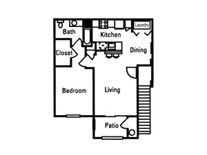 Floorplan Photos Gallery 1 Bedroom 1 Bath floor plan, 725 square feet with patio