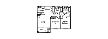 2 Bedroom 2 Bath floor plan, 933 square feet with patio