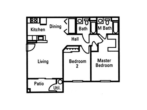 2 Bedroom 2 Bath floor plan, 933 square feet with patio