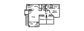 3 Bedroom 2 Bath floor plan, 1,148 square feet with patio