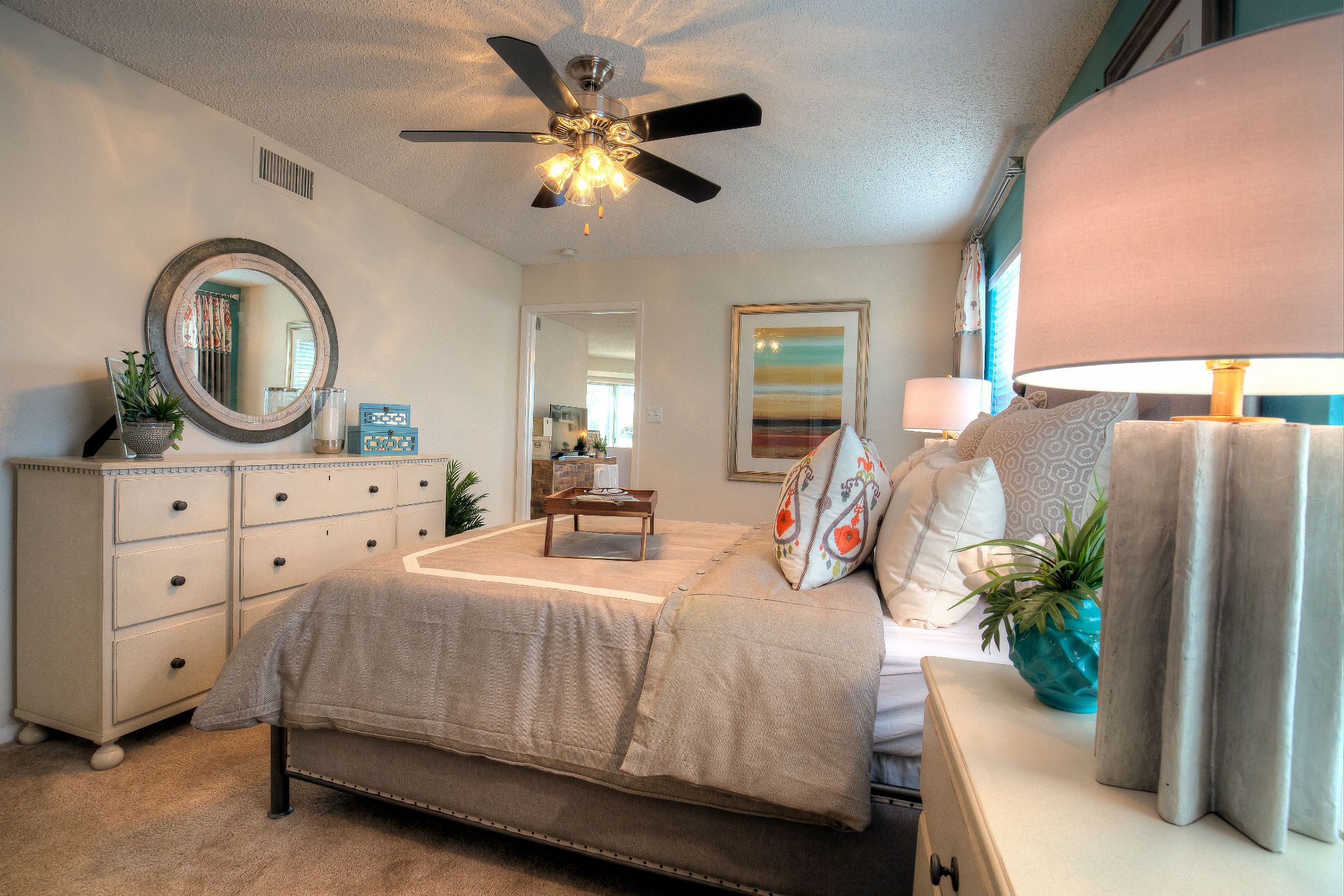 Soft on the feet, there is wall-to-wall carpeting in all bedrooms.