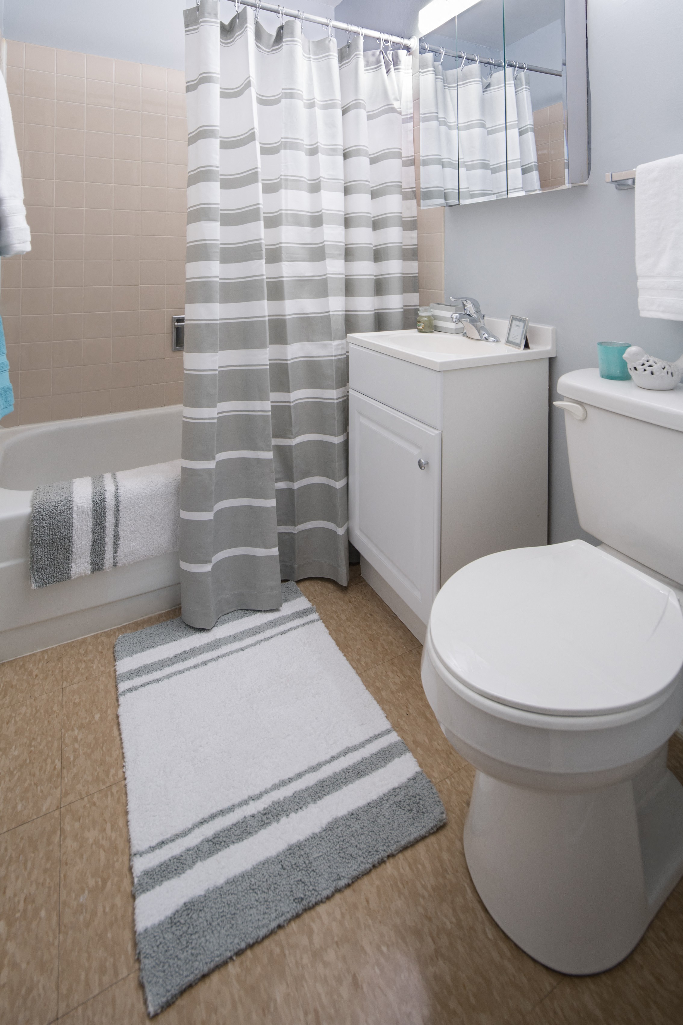 Bathroom shot with cabinetry and shower at Eden Commons, Chicago, 60616