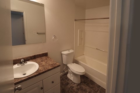an empty bathroom with a sink toilet and shower