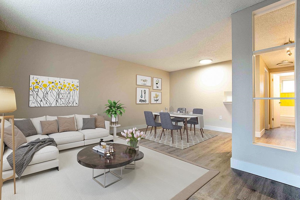 a living room with a couch and a table