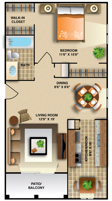 One Bedroom - Medium Floor Plan | 755 Sq. Ft. at Montecito West, Raleigh, North Carolina