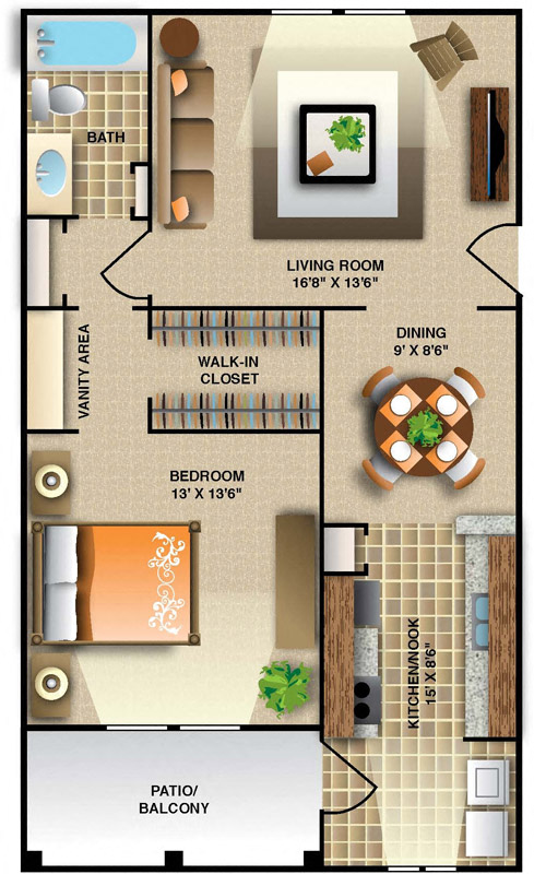 One Bedroom - Large Floor Plan | 765 Sq. Ft. at Montecito West, Raleigh