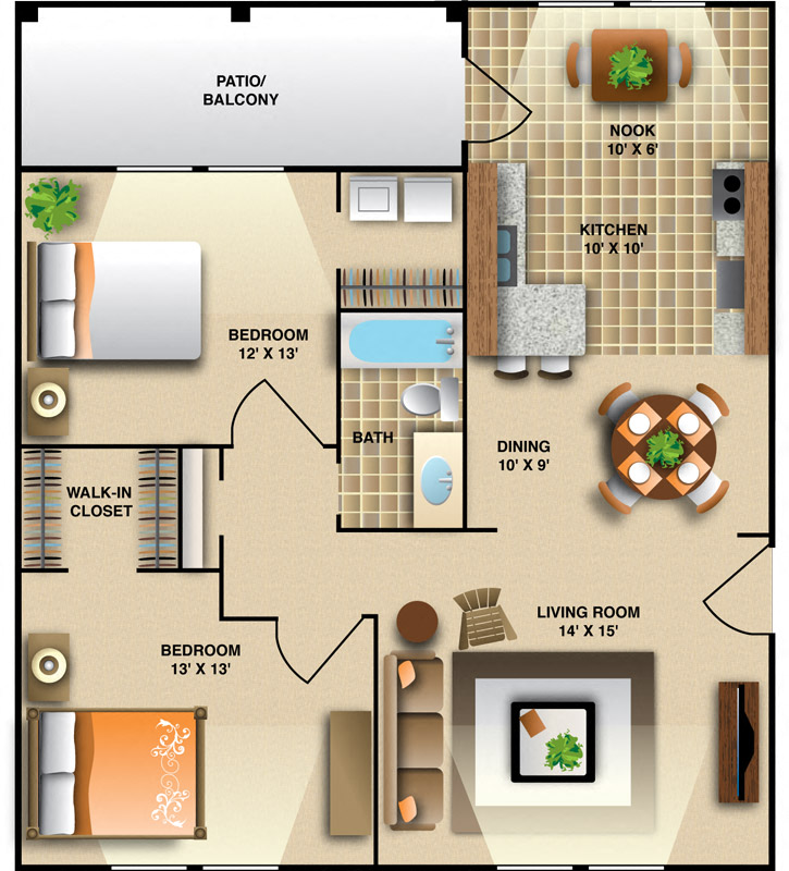 Two Bedroom - One Bath Floor Plan | 996 Sq. Ft. at Montecito West, North Carolina