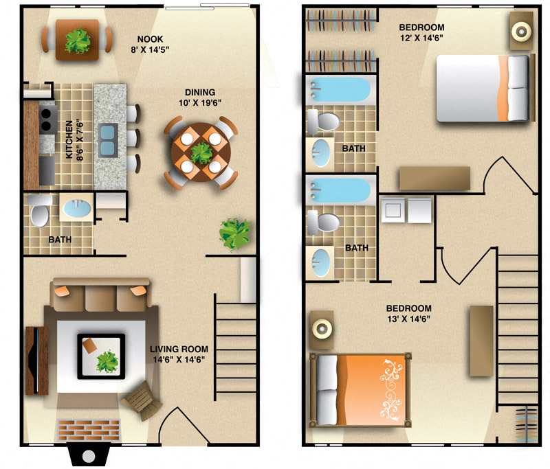 Two Bedroom - Two and a Half Baths Floor Plan | 1,224 Sq. Ft. at Montecito West, Raleigh, NC