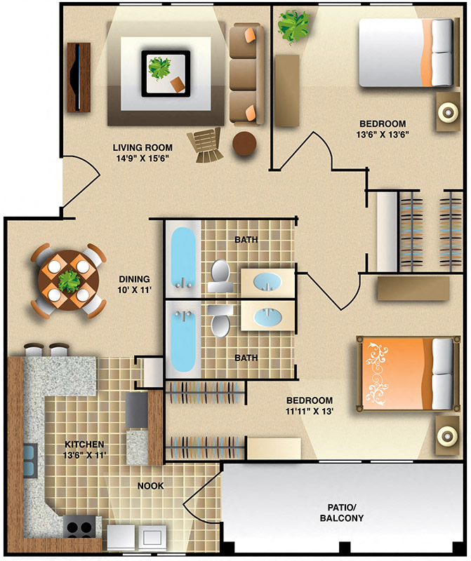 Two Bedroom- Medium  Floor Plan | 1,071 Sq. Ft. at Montecito West, North Carolina, 27609