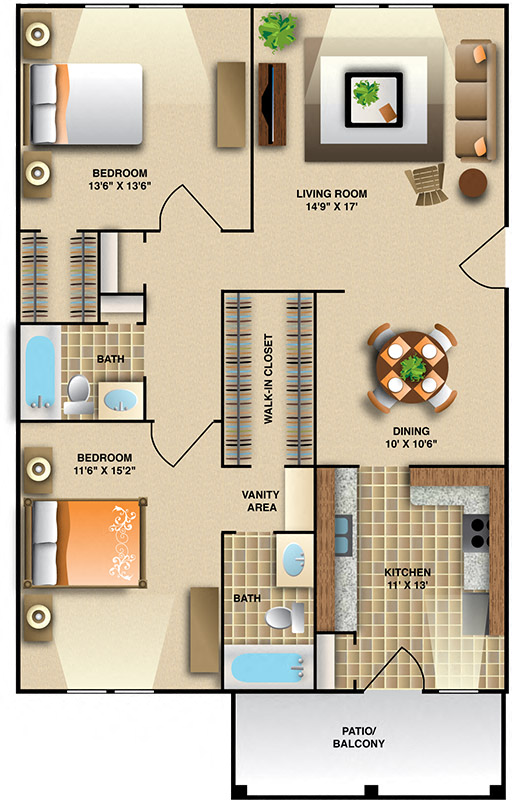 Two Bedroom - Large Floor Plan | 1,130 Sq. Ft. at Montecito West, Raleigh, NC, 27609