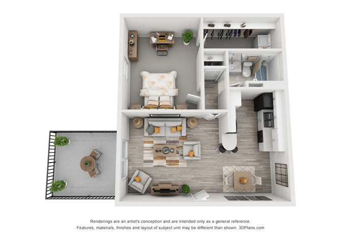 One Bed One bath Emerson 1-1 Floor Plan | 706 Sq. Ft. at Shellbrook, Raleigh