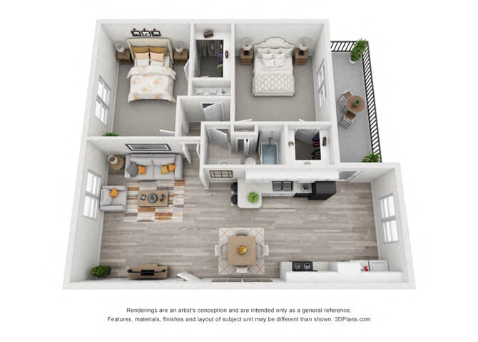 Two Bed One Bath Stratford 2-1 Floor Plan | 996 Sq. Ft. at Shellbrook, Raleigh, NC, 27609