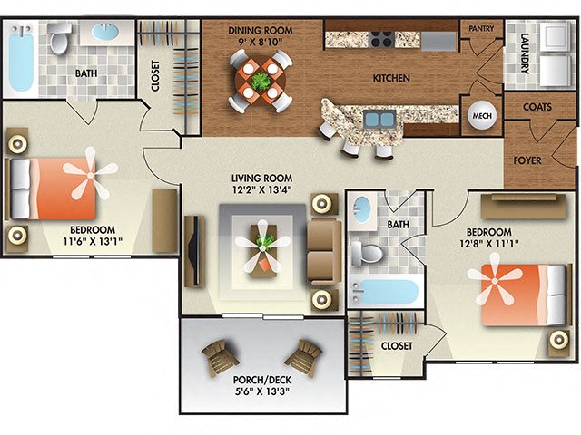 2 Bedroom 2 Bath floor plan.