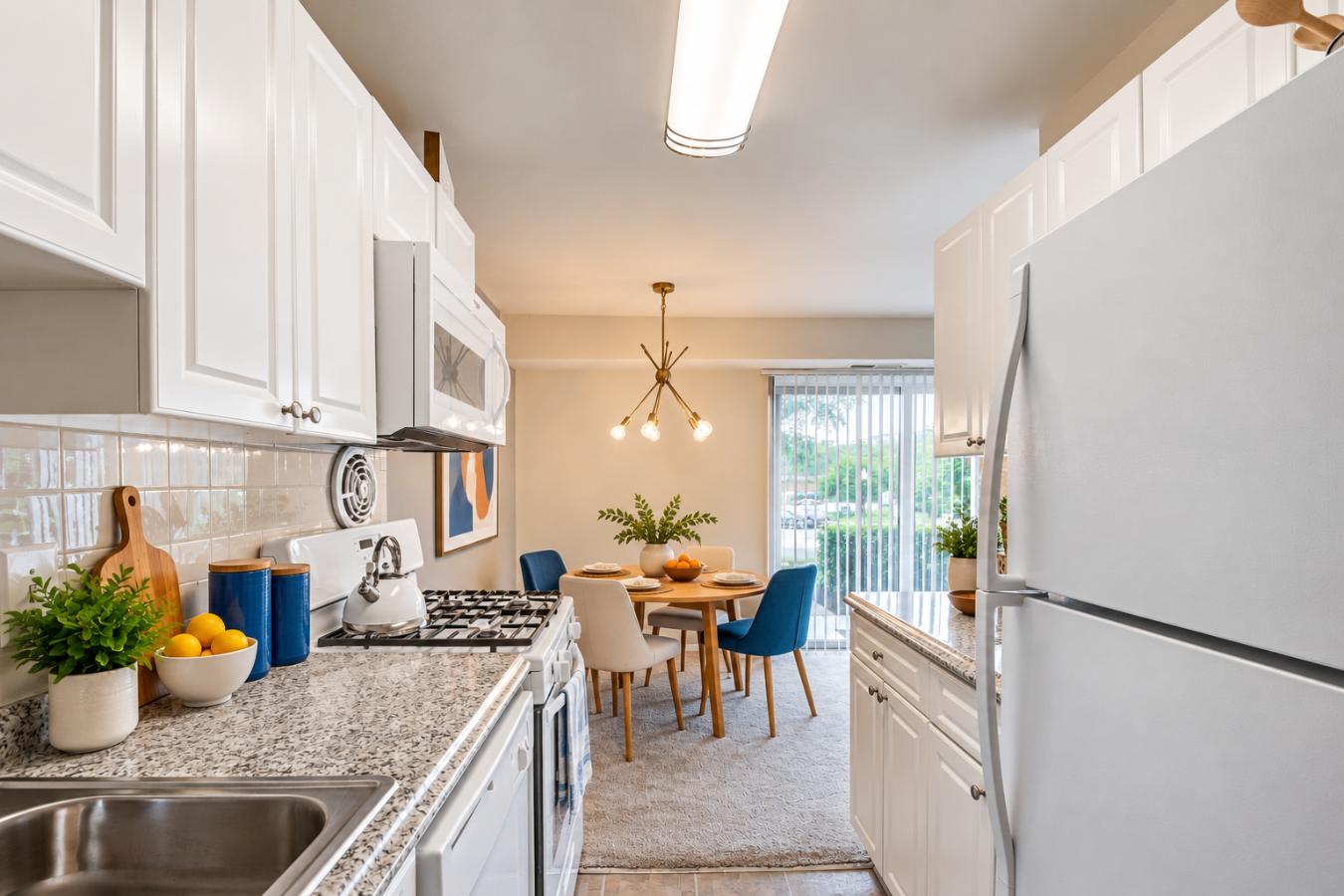A kitchen with white cabinets and a dining table with chairs.