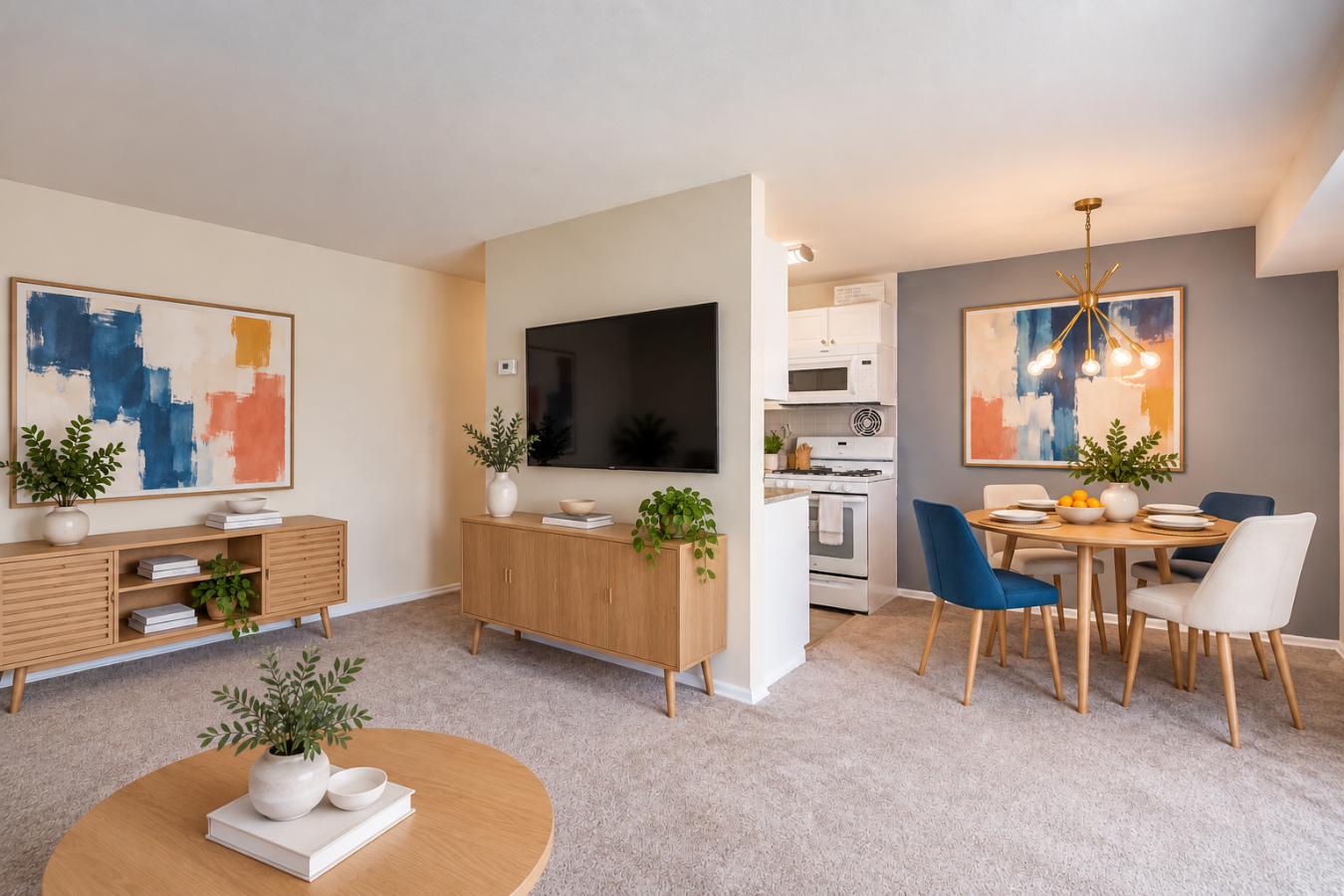 A living room with a television, a dining table, and chairs.