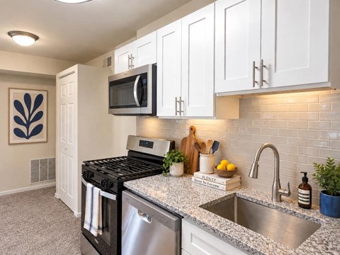 A kitchen with a black stove top oven and a silver sink.