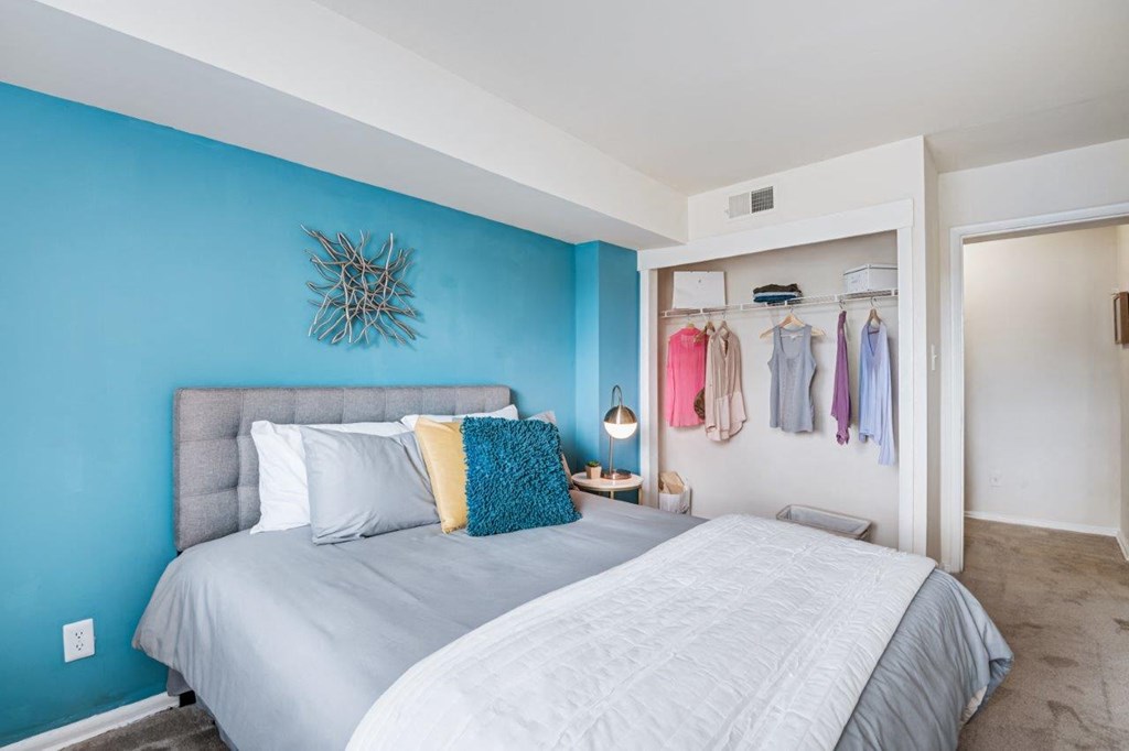 a bedroom with a bed and a closet