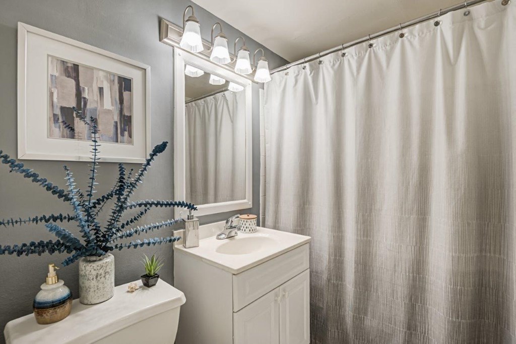 a bathroom with a shower curtain and a toilet and a sink