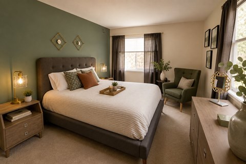 A bedroom with a large bed and a green chair.