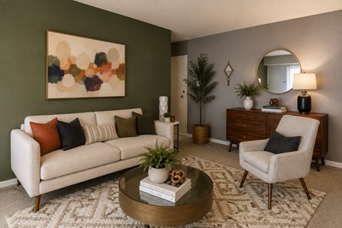 A living room with a white couch, a coffee table, a chair, and a painting on the wall.