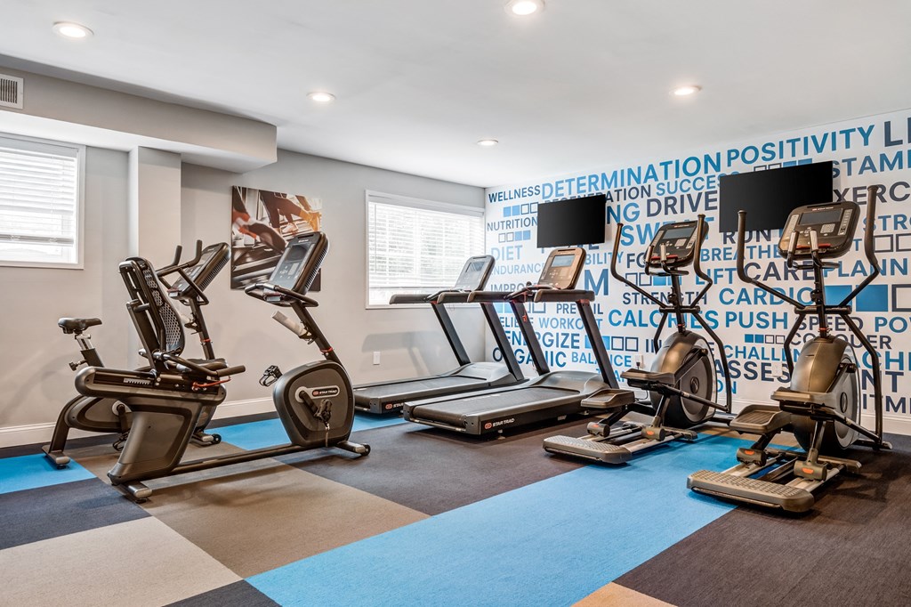 a gym with treadmills and other exercise equipment