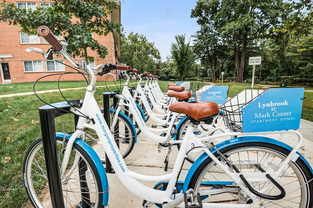 a row of bikes parked in a line on a sidewalk