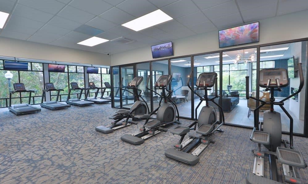a gym with various cardio equipment in a large windowed room