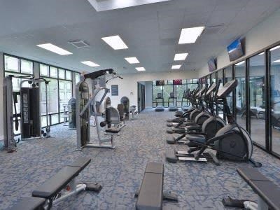 a gym with a bunch of exercise equipment in it