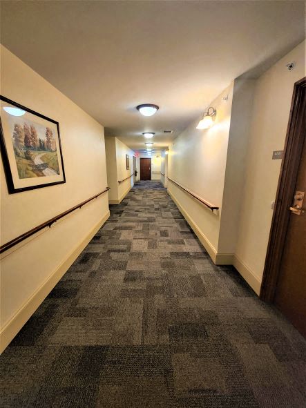 a long hallway with doors and a painting on the wall