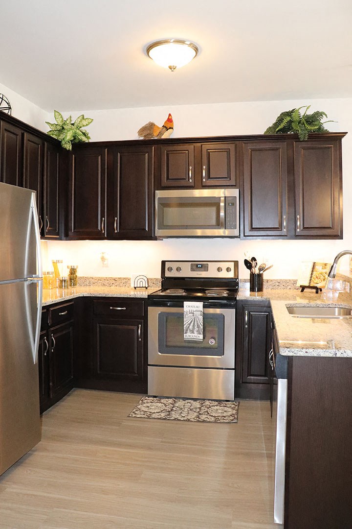 a kitchen with black cabinets and stainless steel appliances