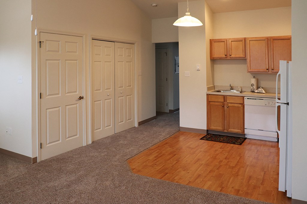 an empty kitchen and living room with wood flooring and white doors