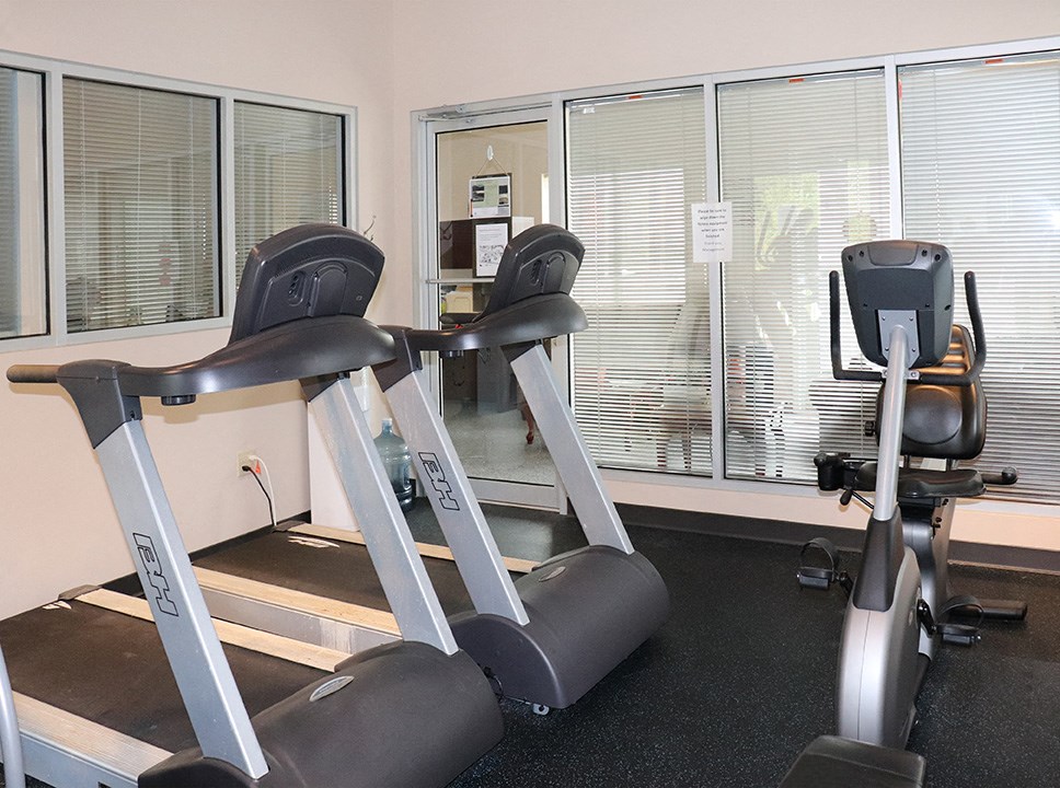 a gym with two treadmills and other exercise equipment
