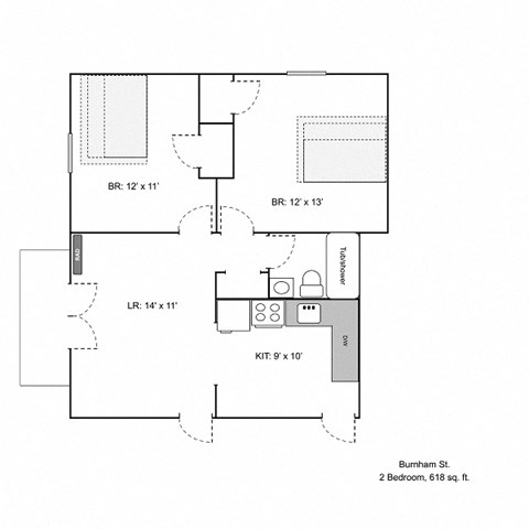 A floor plan of a 2 bedroom apartment at Burnham St.
