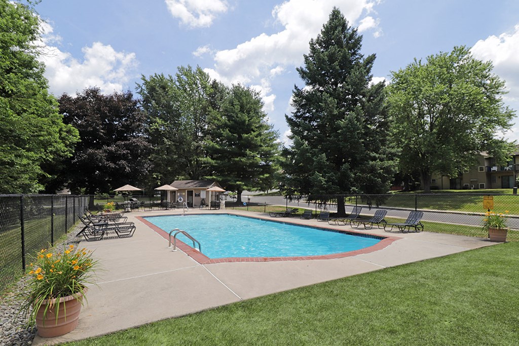 a swimming pool with trees and a fence around it