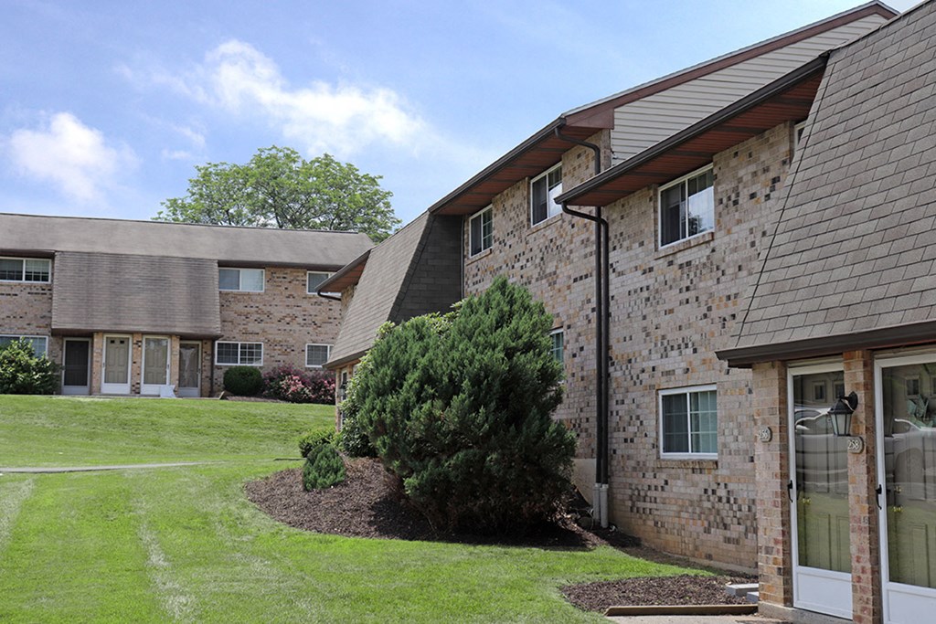 a building with a green lawn and a tree in front of it