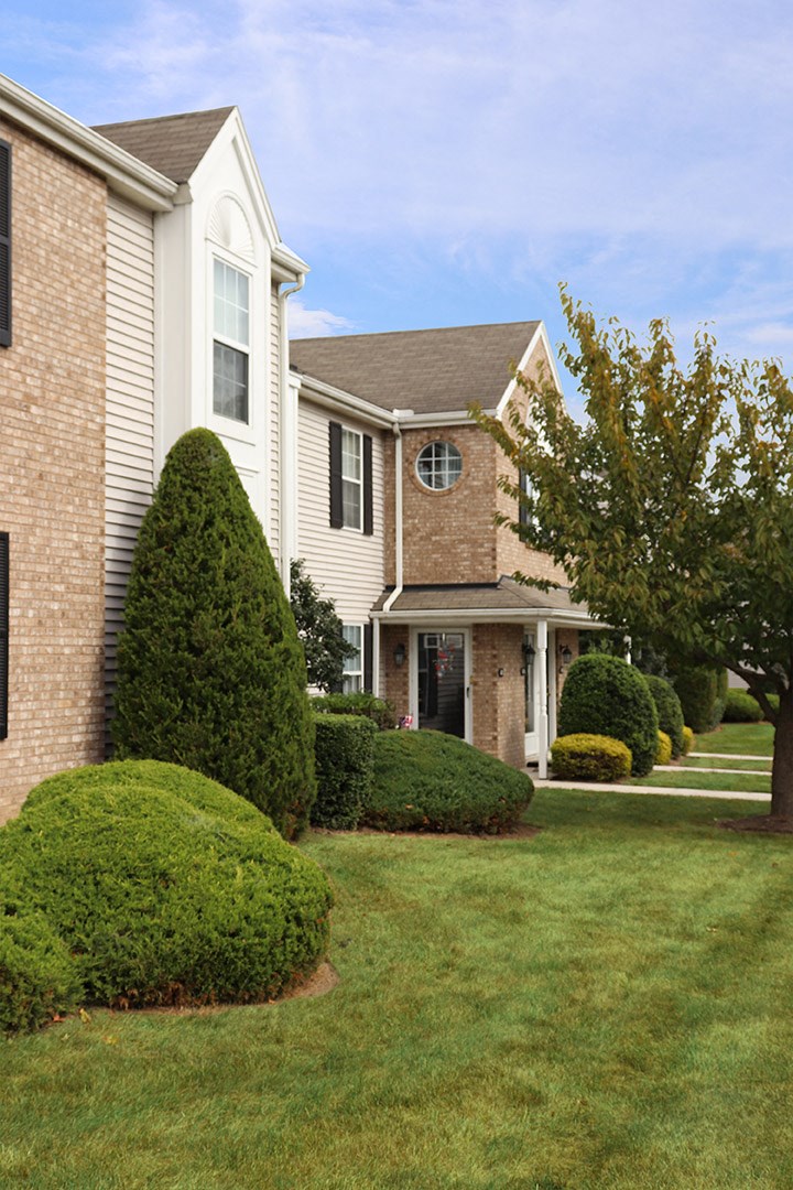 a house with a lawn and bushes in front of it