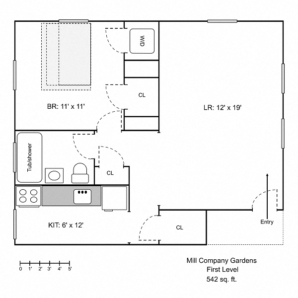 A floor plan for the first level of Mill Company Gardens, which is 542 square feet.