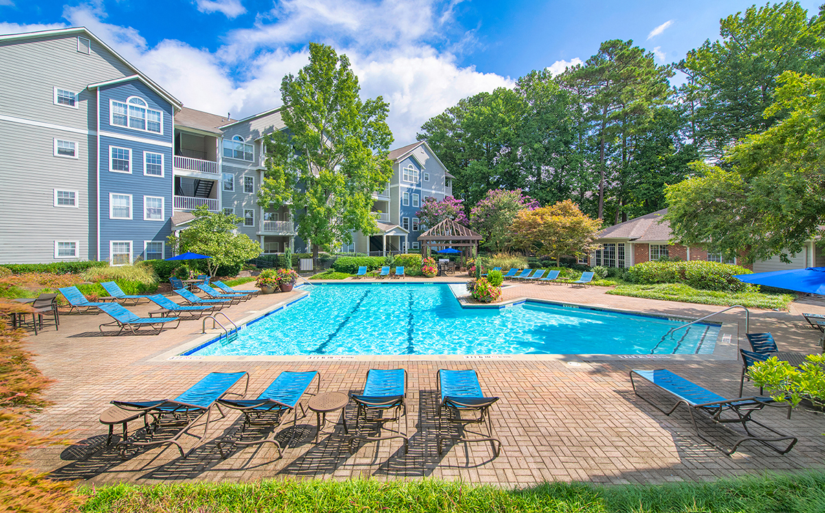 our apartments have a large pool and lounge chairs